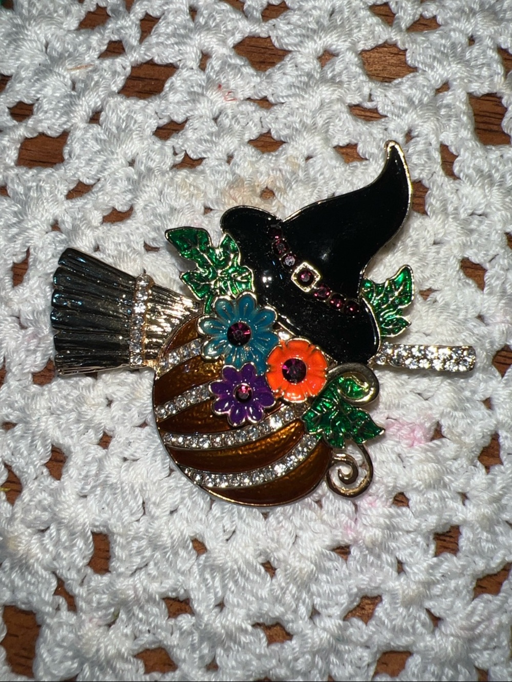 Colorful Witch Hat & Pumpkin Brooch Pin - Multicolor Floral Accent